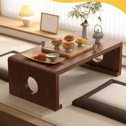 Table basse pliante japonaise portable en bois massif sans assemblage Panneau épais de 25 mm Bureau bas pour assise au sol Finition noyer 60 cm