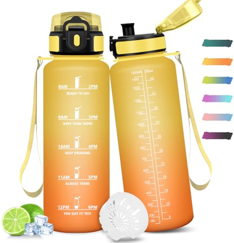 Mulbijeo Gourde 1,5L, Motivant et Étanche, Gourde Sport, Réutilisable, Bouteille, Marqueur Horaire, Gourde Graduée pour La Salle de Sport, Le Travail, Le Camping, La Randonnée, Bouteille D'eau