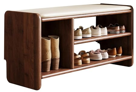 Banco Zapatero de Madera para Entrada con Espacio de Almacenamiento y Organizador, Asiento Acolchado para Puerta de Entrada, Dormitorio, recibidor, Pasillo y Sala de Estar. Nogal, 80 cm.
