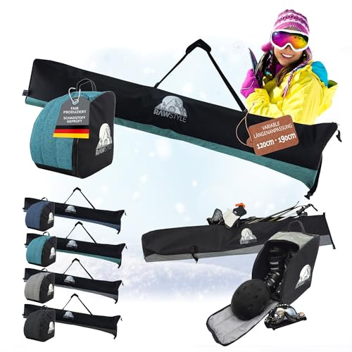 Skidväskor set – skidväska rulltopp 120–190 cm och skidskotryggsäck – vattentät Cordura – skidförvaring för skidor, pjäsar, hjälm och handskar – skidtransportväska KOMBIPAKET (melerad turkos)