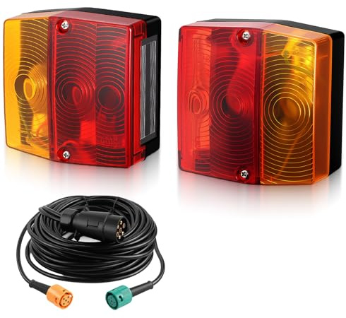 Justech 2 Feux Arrière de Remorque LED 7 Broches avec Câble en Y de 7,5 m, étanche IP65 Deux Câbles Indépendants Halogène Certifié ECE Feu Arrière 12V pour Voiture et Camion