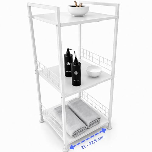 SOMIQ Verstellbares Nischenregal Metall – 21–32,5 cm ausziehbar – Schmales Badregal 3 Ebenen – Freistehend für Bad, Küche, Waschmaschine & Abstellraum – 60 kg belastbar