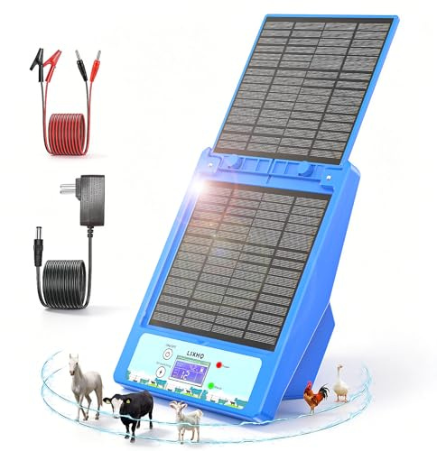 Solar Weidezaungerät für 32 KM Reichweite, 18000mAh Lithiumbatteri, Elektrozaungerät mit 10W-Solarpanel, 0.3-2J, 6KV-12KV Einstellbar, Zuverlässiger Schutz für Geflügel, Vieh und Haustiere (Blau)