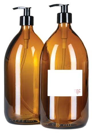 TEC 1 Litre Amber Glass Bottles with Pump Dispenser 1.4ml Output UK Made | UK Made Large Soap Dispenser for Handwash Recyclable Refillable Labels Wrapped in Brown Sustainable Paper