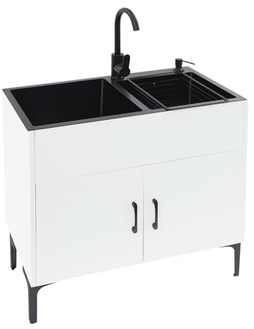 Freistehender Spültisch mit Unterschrank und Wasserhahn, Küchenspüle aus Edelstahl mit 2 Becken, Abflusskorb, Seifenspender, Waschbecken für Küche, Garten, Outdoorküche (Weiß)