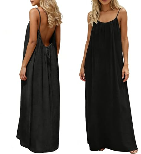 Robe Caraco Dos Nu pour Femme, Robe d'été sans Manches (FR/ES, Alpha/Lettres, M, Taille Normale, Taille Tall, Noir)