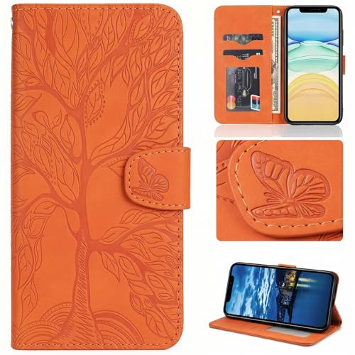 Aisenth Handyhülle für Samsung Galaxy S20 FE Klapphülle mit Kartenfächer | Baum Muster,Standfunktion,Kartenfächer,PU Leder,2 Kartenfächer+Geldfach+Handschlaufe,Stoßfeste,Magnetische,Orange