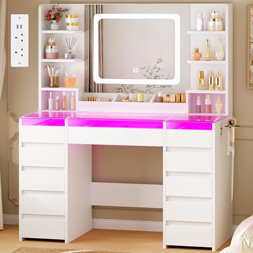 YUNSCEND Dressing Table with Mirror and RGB Light, Transparent Glass Top