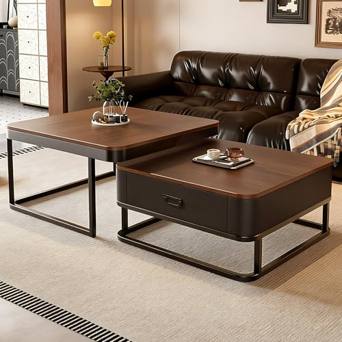 Generisch 2er-Set Kaffeetische, Moderner Ausziehbarer Kaffeetisch, Nussbaum-Kaffeetisch mit Stauraum, Metallgestell, für Wohnzimmer, Schlafzimmer, Nussbaum-Optik