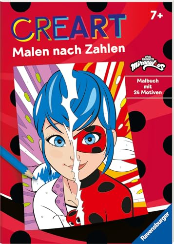 CreArt Malen nach Zahlen - Miraculous, Malbuch, 24 Motive, Ladybug, Cat Noir, Tikki, Plagg
