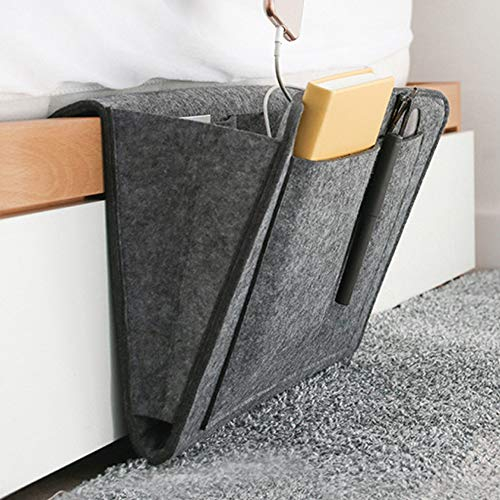 Amokee Betttasche, Sofa Organizer Anti-Rutsch Aufbewahrungstasche Dicke Filz Nachttisch Tasche Sofa Hängeaufbewahrung Bett Organizer für Handy, iPad, Brille, Buch, Fernbedienung (Dunkelgrau)