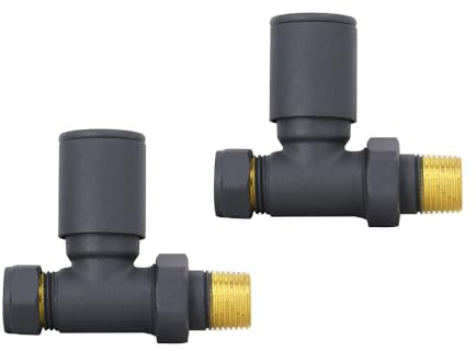NRG Anthracite Straight Manual Radiator Valve Round Head Valves 1 Pair | Central Heating Tap, Brass, Heated Towel Rails Radiator Valve, 15mm Inlet, 5 Year Gurantee, Modern Design