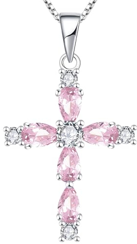 YL Kreuz Kette 925 Sterling Silber 12 Geburtsstein Zirkonia Kruzifix Anhänger Geschenke für Damen Mama, 45-48 CM