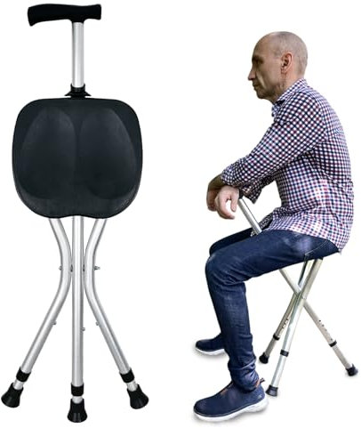 Honmido Canne de Marche Portable réglable Pliable avec siège pour Une durabilité Pendant la Marche et Une commodité pour s'asseoir, béquille en Alliage, Canne de Marche antidérapante légère pour