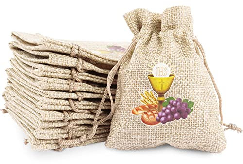 BETESSIN 24pcs Bolsas de Regalo Comunión Bautizo Bolsitas 8x10cm Saquitos de Tela Yute Arpillera Bolsas Pequeñas para Caramelos Bombones Galletas Dulces Regalos Fiestas de Comunión Bautizo