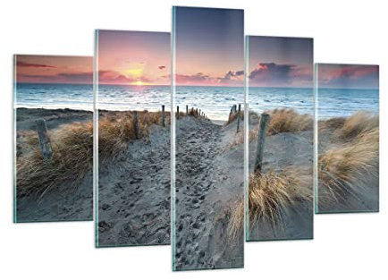 Mehrteilige Bilder auf Glas 150x100cm Glasbild Strand Sand Spaziergang Groß XXL Wanddeko Schlafzimmer Küche Set 5 teilige Wandbilder Dekoration Wohnzimmer Modern Wand Kunstdruck Art GEA150x100-4924