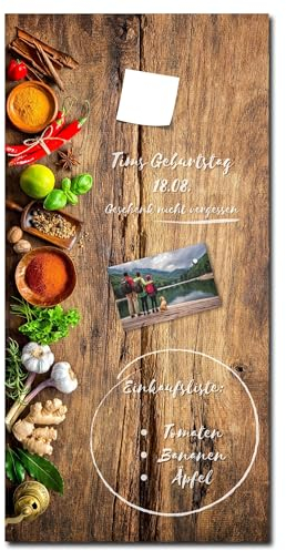Memoboard Bright Wood L 30 x 60 cm | Magnettafel aus Glas zum beschriften hochkant | Optimal geeignet für Küche & Esszimmer als funktionaler Eyecatcher in natürlicher Holzoptik | Kräuter Gewürze