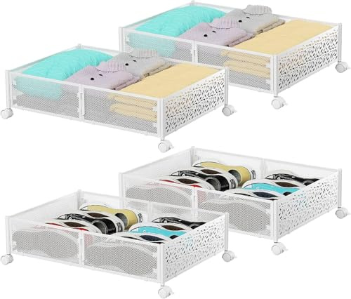 PHINOX Contenitori sotto il letto, contenitori portaoggetti con ruote, sotto il letto, organizer per scarpe, cassetti, per camera da letto, vestiti, scarpe, coperte, confezione da 4