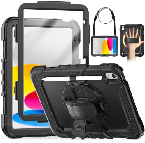 SEYMCY for iPad (A16) 11th/10th Generation Case 11/10.9 Inch 2025/2022 | Full-body Shockproof with Screen Protector, 360° Rotating Stand & Hand Strap, Shoulder Strap, Pencil Holder, Black