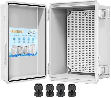 Waterproof Junction Box ABS Plastic, Outdoor Electrical Box IP67 Hinged Cover Project Box with Mounting Plate Wall Brackets and 2 Cable Glands, Grey Electrical Enclosure 8.7x6.7x4.3