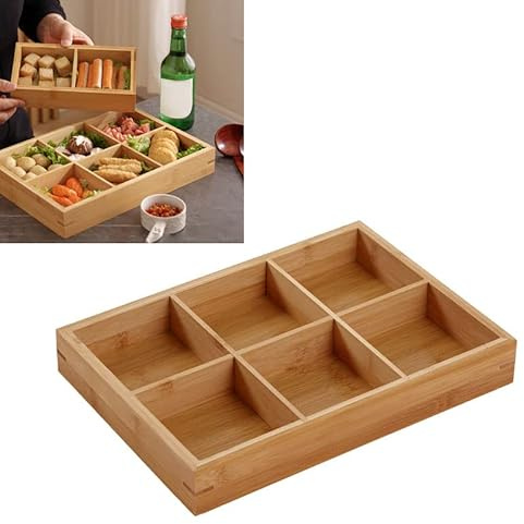 Wooden Serving Tray Multi Compartments Eco-Friendly Divided Wooden Tray for Sushi Platter (6 Compartments)
