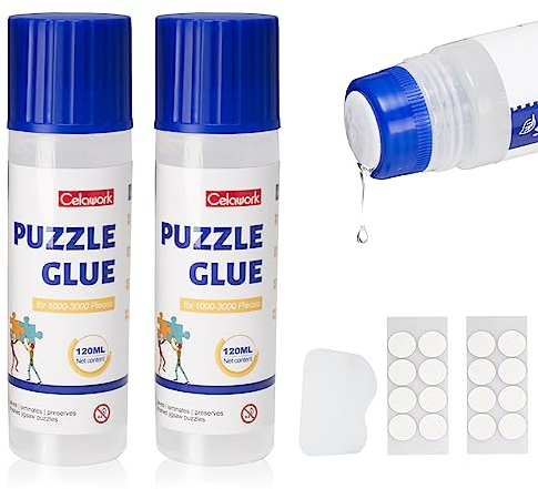 Celawork Puzzle Kleber für 1000/1500/3000 Stücke Puzzles, ungiftiger PVA transparenter Puzzlekleber, Schnelltrocknend, mit Punktkleber, praktisches Zubehör zum Aufhängen von Puzzles (120 ML×2)
