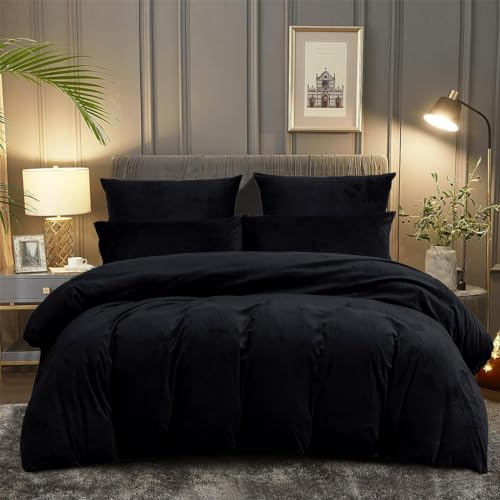 DXHOME Ropa de cama de invierno de 135 x 200 cm, color negro, mullida, reversible, tacto de cachemira, funda nórdica con cremallera + 1 funda de almohada de 80 x 80 cm