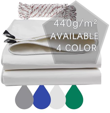 Jianyana Lonas, PVC Lona Impermeable Exterior con Ojales, 4x4 m, 440 g/m² Lona Remolque Lona Piscina, Anti-UV, Resistencia al Desgarro, Diez Metros de Cuerda, Blanco