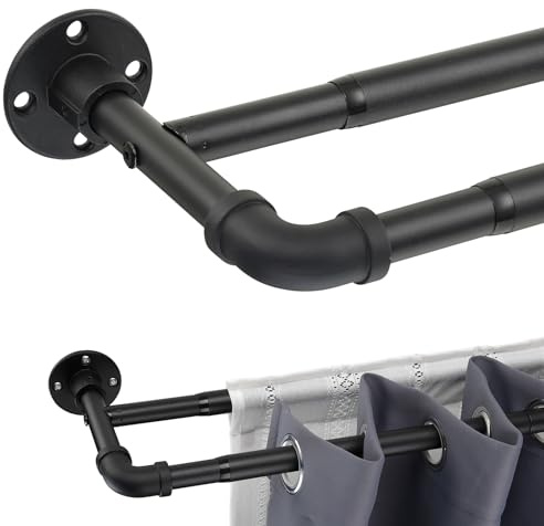 Double Curtain Rods for Windows 28 to 48 inch, 1 inch Matte Black Industrial Curtain Rod Heavy Duty Blackout Wrap Around Curtain Rods