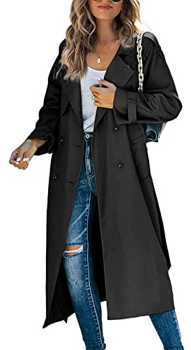 Edhomenn Women Long Trench Windproof Coat with Belt Long Sleeve Double Breasted Classic Lapel Collar Overcoat Ladies Casual Fall Jacket Winter Coat (02 Black, XXL)