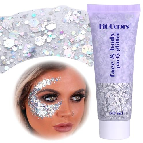 gelpretty Body Glitter Gel,Festival Glitzer Gesicht,50ml Glitter Liquid Gel,Körperglitzer Festival Zubehör Glitter für Make Up Cosmetic Festival Party,DIY,Nägel,Lippen Silber)