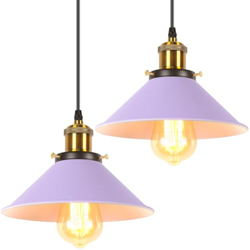 iDEGU 2 Stücke Retro Pendelleuchte, 22CM Vintage Hängelampe E27 Industrieller Lampenschirm aus Metall Deckenleuchte Hängeleuchte für Esszimmer Wohnzimmer Küche Schlafzimmer Restaurant (Lila)