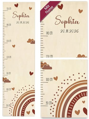 Kind Holz - Kindermesslatte Regenbogen Wolken mit Namen I Kinderzimmer Messlatte - 90-150 cm - Holz - größe meßlatte kinder rainbow wolke kindermeßlatte name personalisierte