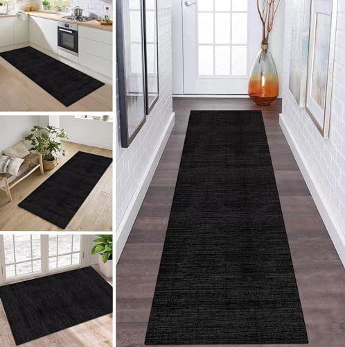 Teppich Läufer Flur Küche rutschfest waschbar Teppichläufer Lang Korridor Tepiche 60X180CM Schwarz Dunkelgrau Küchenteppich Meterware Bodenmatte Esszimmer Schlafzimmer Wohnzimmer Schmutzfangmatte