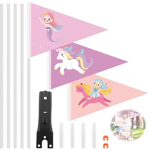 Lets Joy 3 Stück Fahrradwimpel, Einhorn Fahrradwimpel, Meerjungfrau Sicherheitswimpel, Wimpel Fahrrad mit Befestigungswinkel, fahrrad Zubehör Rosa Wimpel Mädchen Geschenke