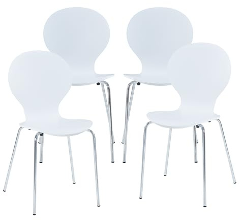 [en.casa] Esszimmerstühle 4er Set Etne Stühle für Esszimmer Küchenstühle Stapelstuhl Holz Metallbeine 85 x 48 x 50 cm Lehnstuhl Weiß/Chromfarben