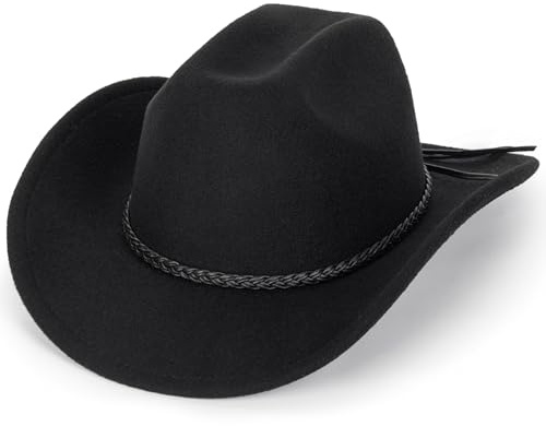 Calssic Western-Cowboy-Hat Fedora Chapeau de cowboy pour homme et femme – Chapeau de cowgirl à large bord avec bande, Noir avec bande, M