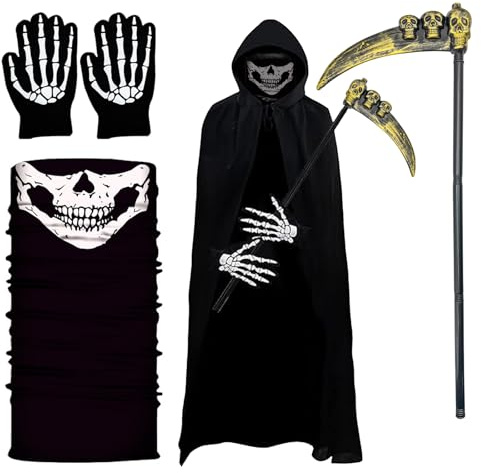 UZNIYTR Capa Negra con Capucha, 150cm Largo Medieval Disfraz Muerte Adulto, Capa de Muerte Muerte Capa Negra con Capucha, Guantes, Hoz, Capa Unisex para Carnaval de Halloween Mascarada
