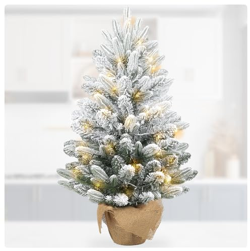 Gfilay 90 cm Künstlicher Weihnachtsbaum mit LED Beleuchtung und 8 Lichtmodi | Schneebeflockter Batteriebetriebener Weihnachtsbaum mit Timer, Juteständer und Naturgetreuen Zweigen für