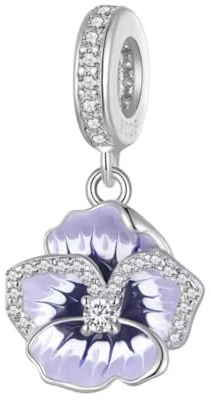 Purple Pansy Flower Dangle Charm Genuine 925 Sterling Silver Compatible With Pandora Bracelet