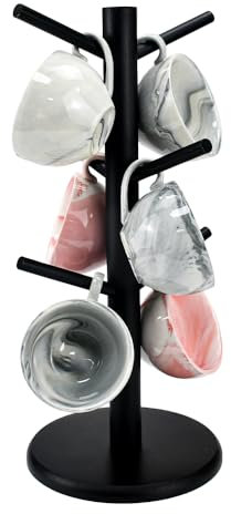 ADERTOS Soporte para Tazas de Madera, Soporte de Árbol Taza de Madera, Soporte para Tazas de Café con 6 Ganchos, Estante de Taza de Café, Portavasos de bambúpara Cafeterías Cocinas- Color Negro