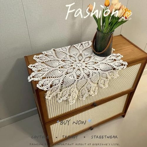Yizunnu Centrini in pizzo, tovagliette all'uncinetto, fatte a mano, tovaglia rotonda vintage, centrini in cotone, diametro 60 cm (beige)