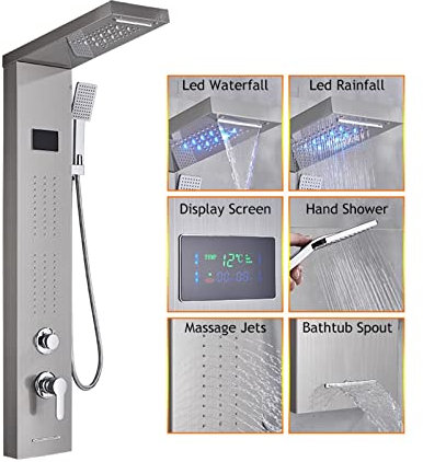 Sistema di miscelazione doccia Pannello doccia LED Rubinetto doccia vasca da bagno Display digitale della temperatura Rubinetto vasca Sistema di massaggio corporeo Colonn,8011 Brushed Nickel-X