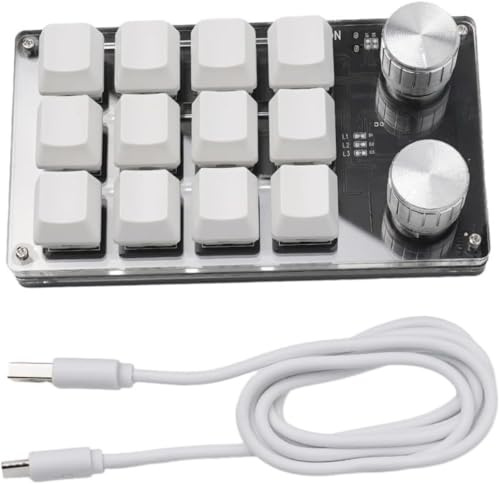 Mini Macro Programmable Keyboard, 12 Keys Gaming keyboard, with2 Knobs,One Handed macro Mechanical keyboard, Compatible for Windows,Mac OS, Bluetooth macro Keypad Suitable for Office (White)