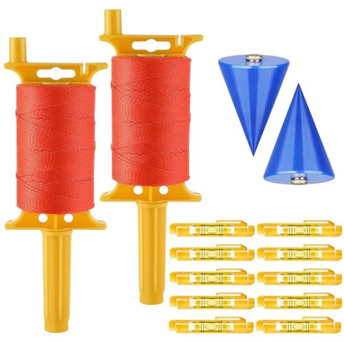 Maurerschnur mit Griff, 150 m, #18, wiederladbare Schnurspule, 10 eingebaute Ebenen, geflochtene Nylon-Konstruktionsschnur für Garten- oder Mauerwerkwerkzeuge, 2 Stück