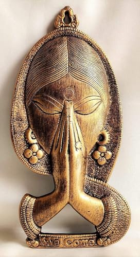 Seven Chakra Tree Brass Namaste Wall Hanging – Handcrafted Indian Welcome Decor Plaque – Antique Finish Woman Face Sculpture with “We Come” Text – Traditional Hindu Home Entrance Art