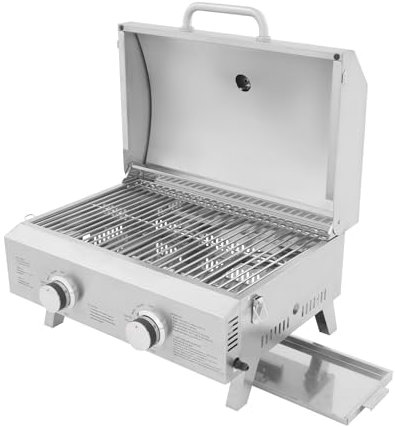 Barbacoa de gas de acero inoxidable para mesa, 2 quemadores, parrilla grande con tapa, 55,8 x 45 x 38 cm