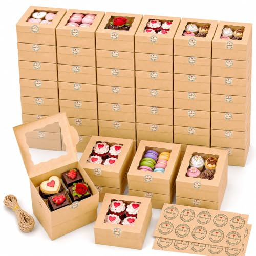 EffiQ-Rate 50 Stück Kleine Tortenschachteln 15x15x7.6cm mit Klares Fenster | Kraftpapier Box, mit Aufklebern und Jutegarn, für Cupcake, Kuchen, Kekse, Schokolade Storage und Anzeigen, Einfache Montage