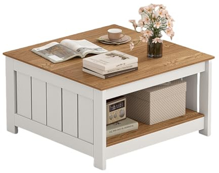 LIFEZEAL Mesa de centro de madera, mesa cuadrada de salón con 2 niveles, mesa de té con pies antideslizantes para hogar y oficina, rústica