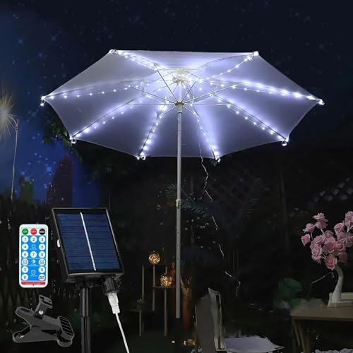 Solar Patio Umbrella Lights with Remote, Waterproof 104 LED Solar String Lights, 8 Modes Dimmable Outdoor Parasol Lights for Garden, Deck, Yard, Pool (White)